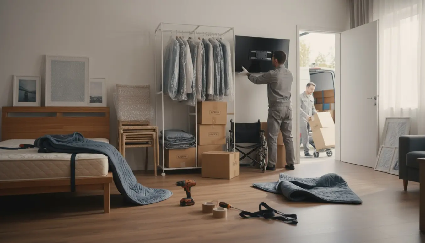 Flyttescene med fjernsyn taget ned fra væggen, møbler og kasser klar til transport og en sammenklappet kørestol ved døren.