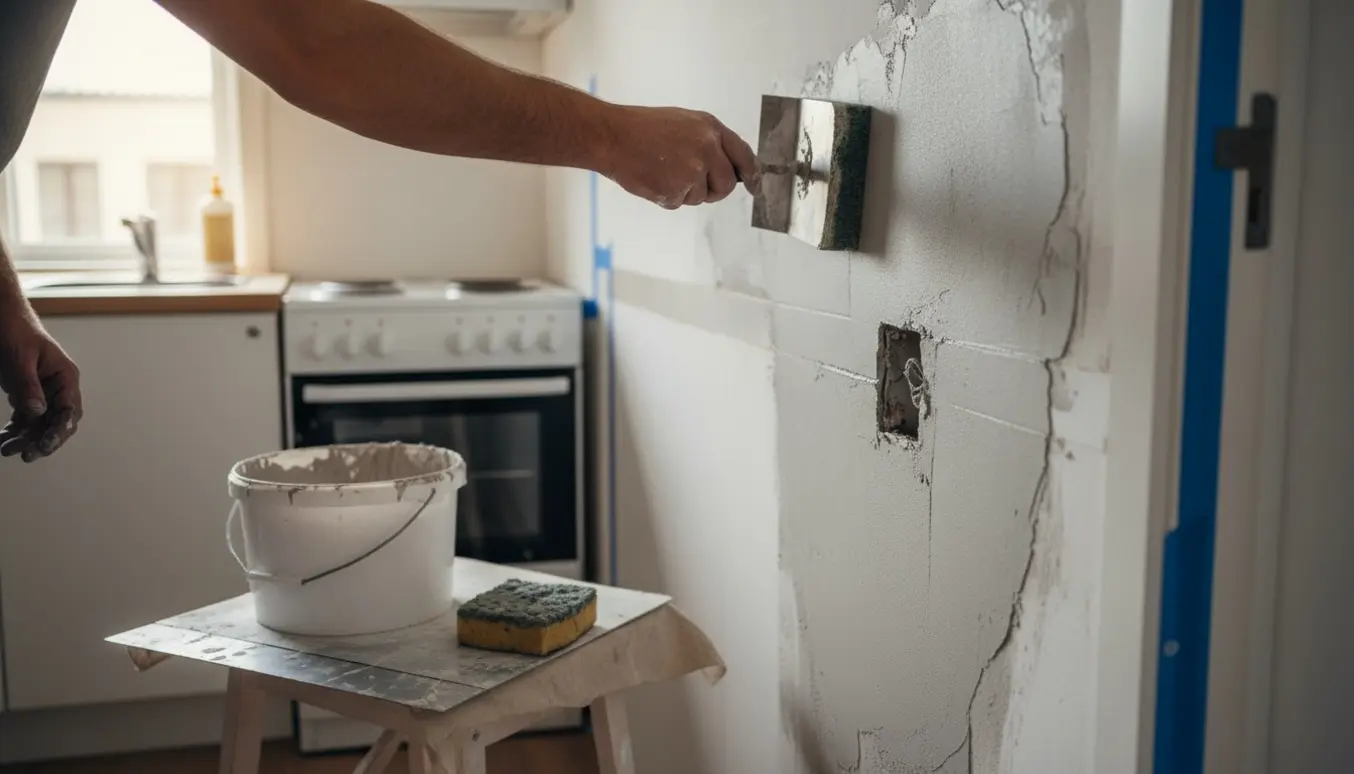 Hænder glatter vandskuring på en køkkenvæg i en lille lejlighed med udfræste el-udtag og værktøj.