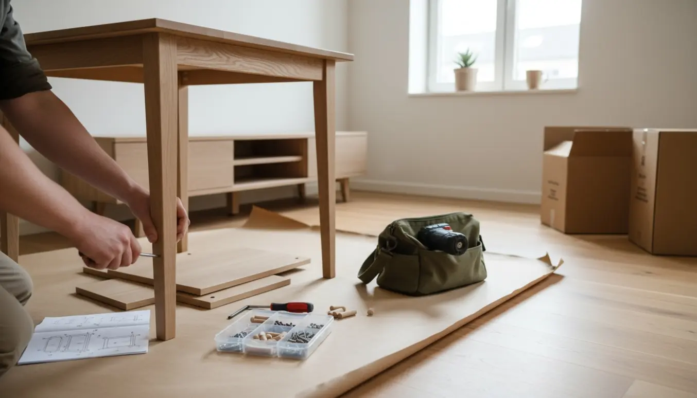 Hænder samler et lyst spisebord i en skandinavisk lejlighed med værktøj og et delvist samlet tv-bord.