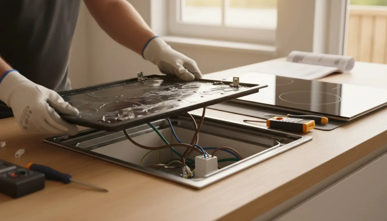 Hænder af en elektriker udskifter en induktionskogeplade i et moderne køkken, med værktøj og den nye kogeplade ved udskæringen.