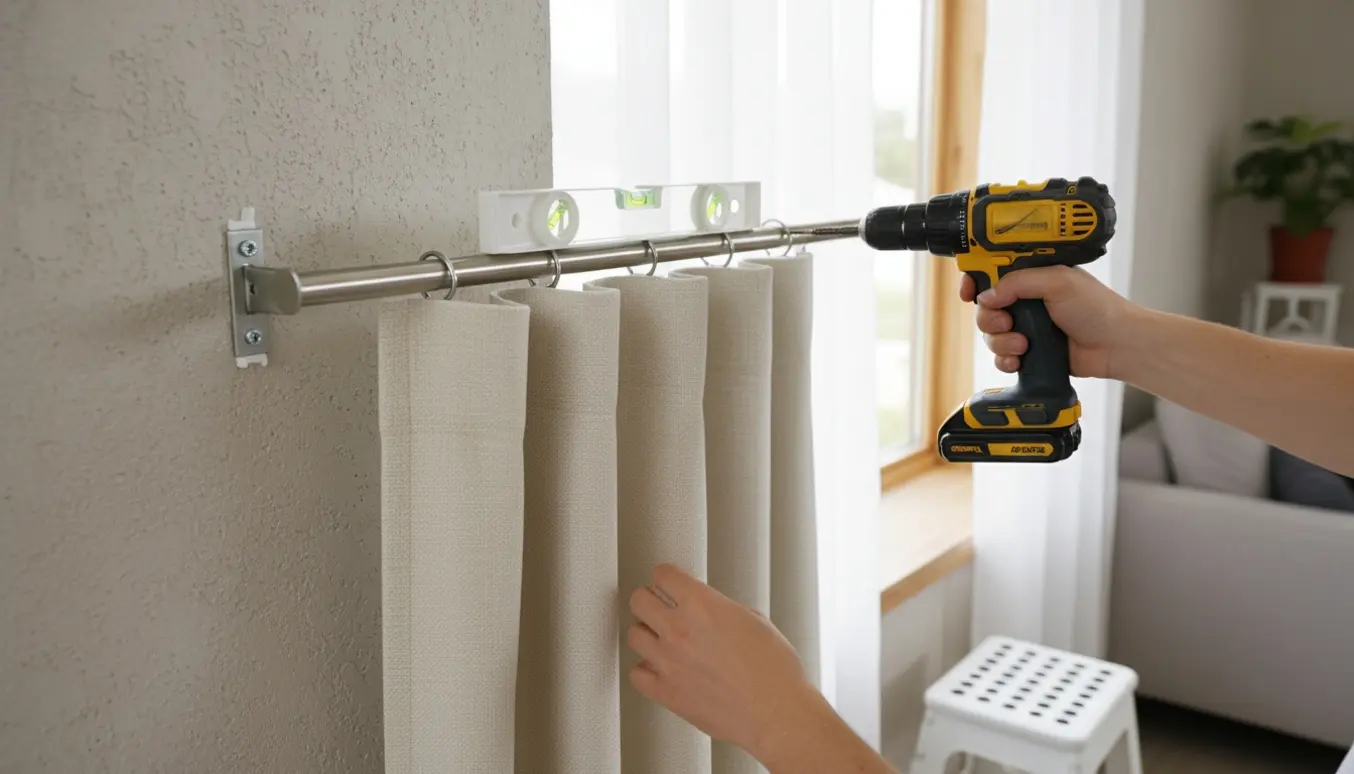 Nærbillede af hænder, der monterer en gardinstang og hænger gardin på en gipsvæg i en lys stue.