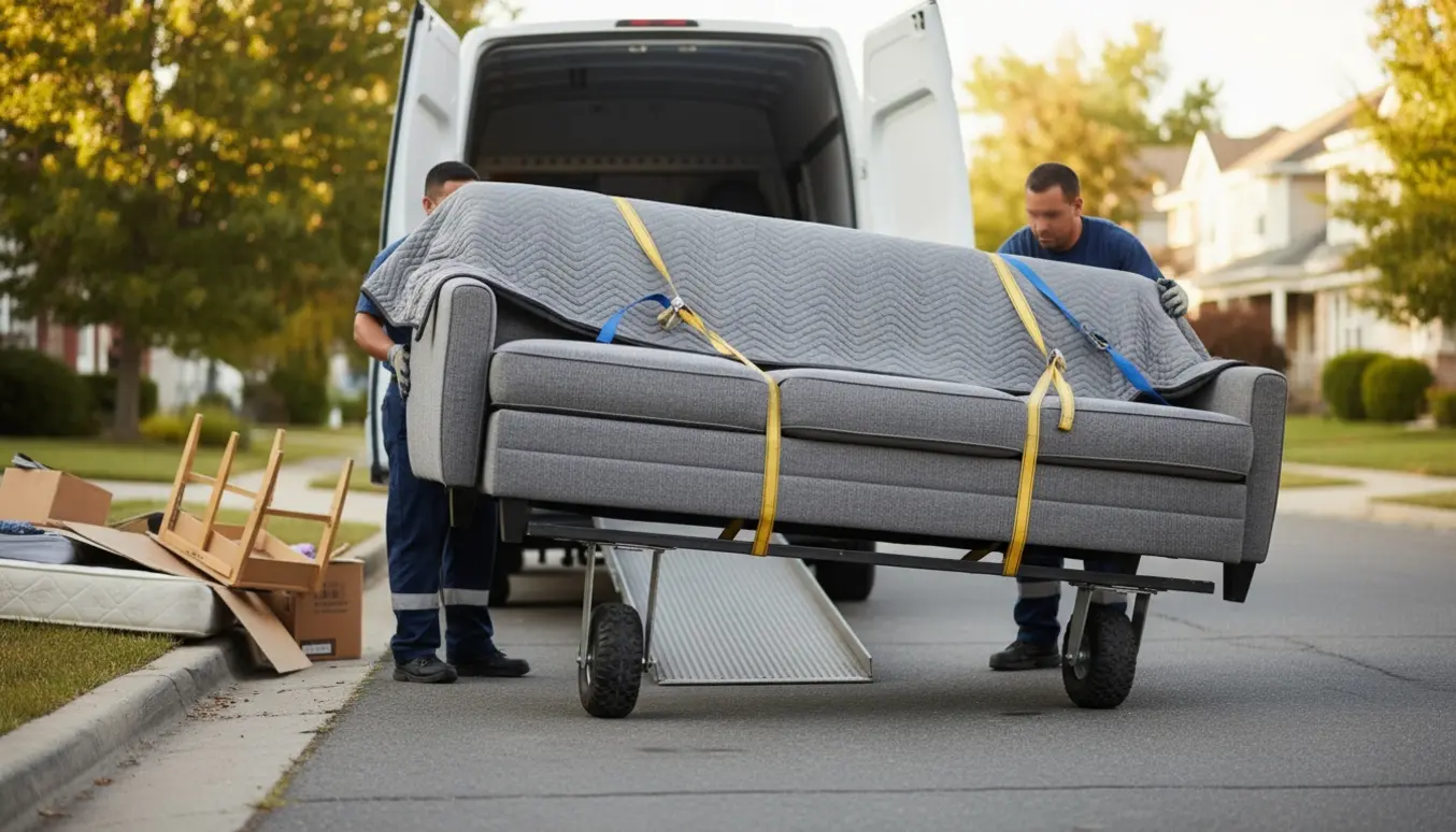 Sovesofa med chaiselong læsses på en kassevogn ved kantsten, dækket af flyttetæpper og sikret med løftestropper.