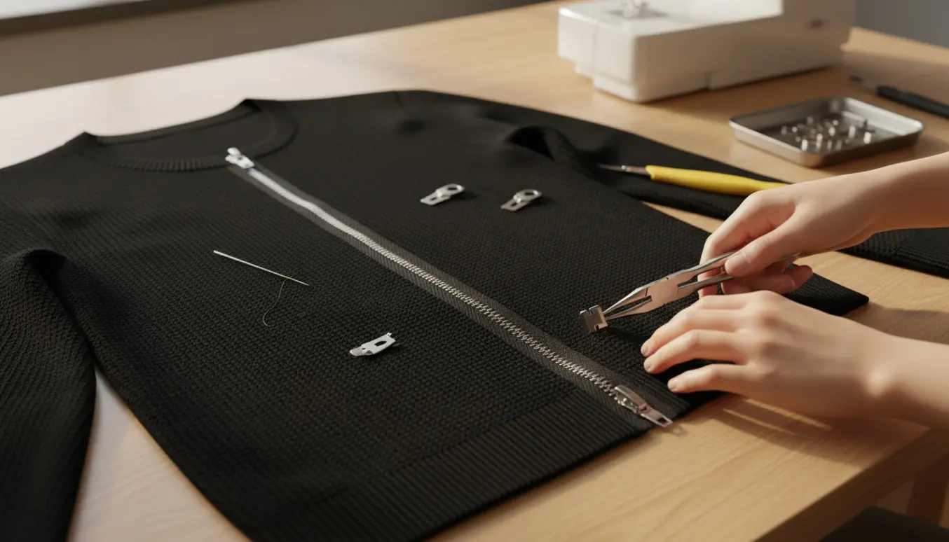 Nærbillede af hænder, der reparerer en sort trøjes lynlås med små tænger og reservedele på et lyst arbejdsbord.