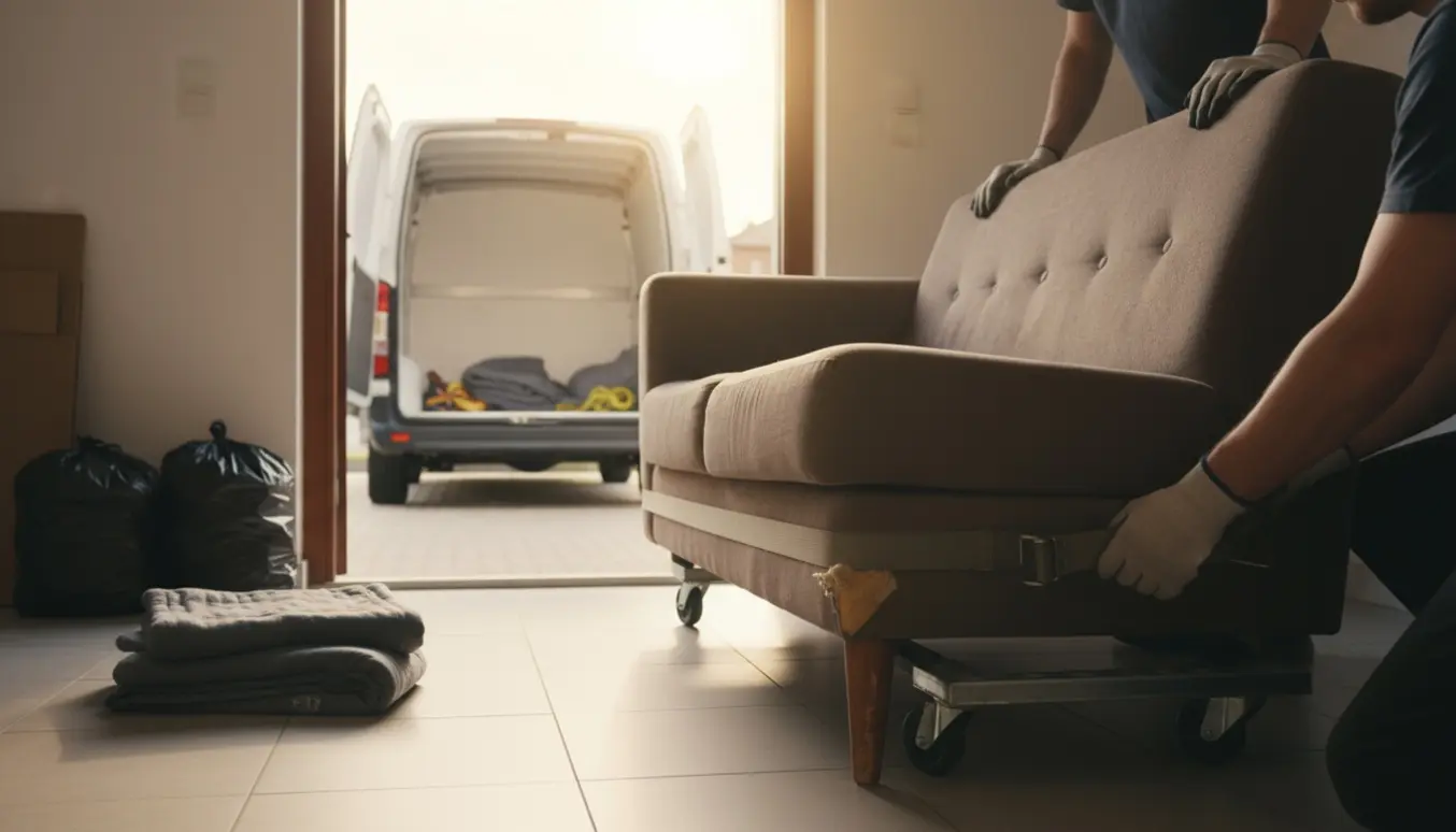 En slidt sofa på en møbelvogn, skubbet ud af en stueetages dør mod en varevogn til bortskaffelse.