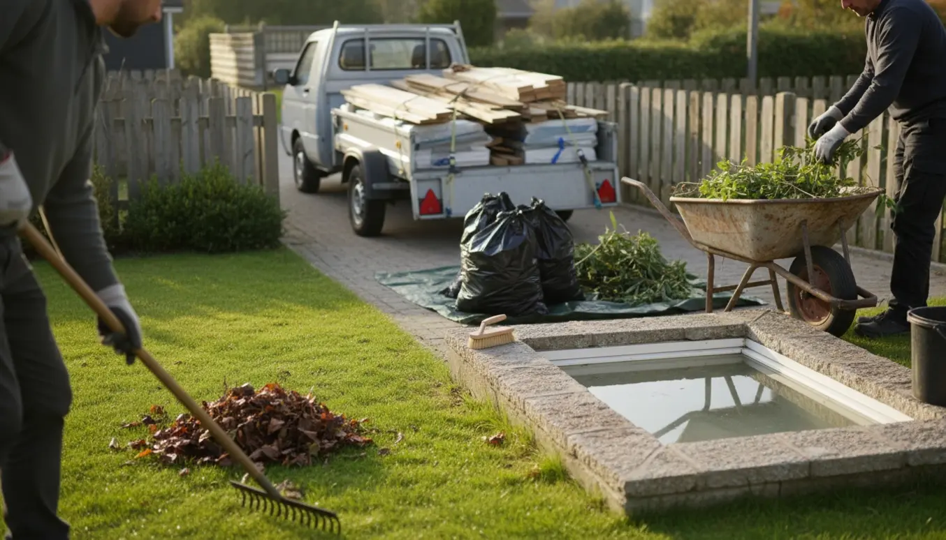 En person rydder en lille have med rive, trillebør fyldt med grene og en trailer med byggeaffald ved indkørslen.