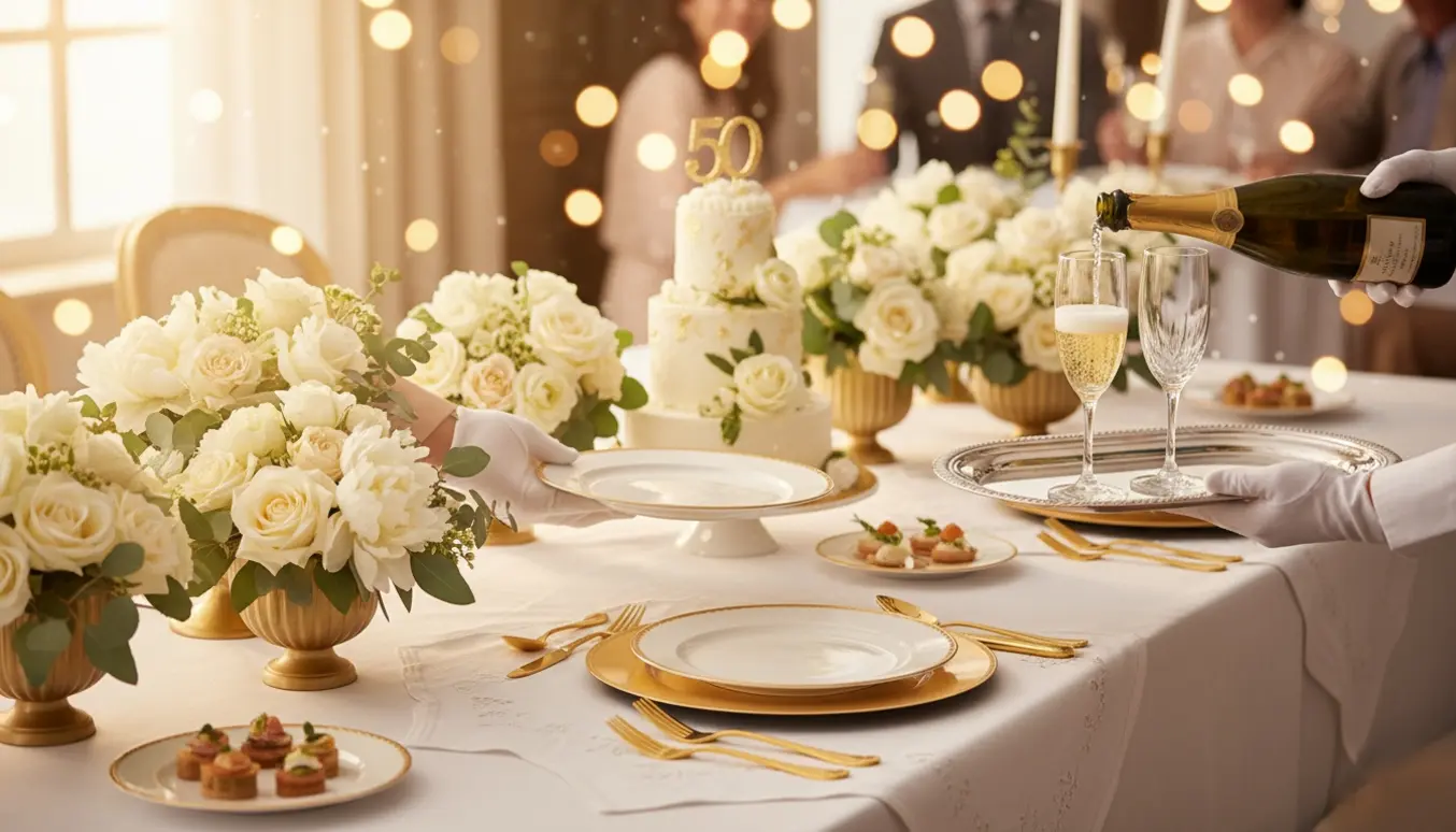 Hænder serverer elegante retter og champagne ved et bord dekoreret i gyldne nuancer til guldbryllup.
