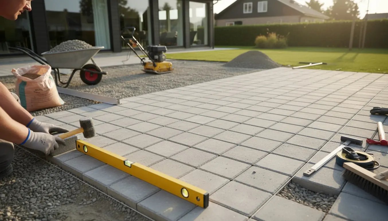 Nærbillede af anlæggelse af terrasse med herregårdsten, grus og værktøj, hvor en hånd placerer en sten.