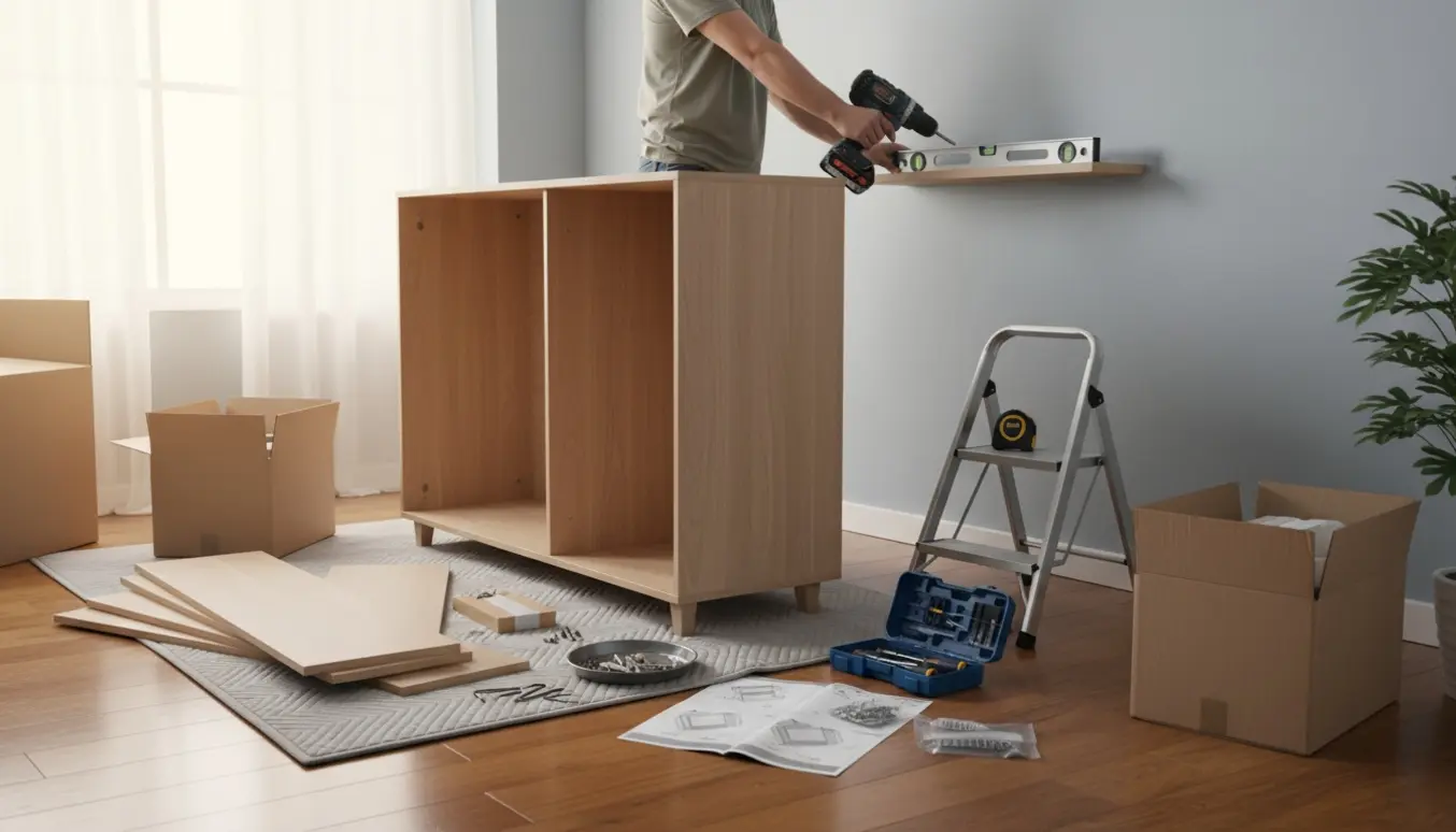 Delvist samlet møbel på tæppe med værktøj og en hylde, der hænges op i et lyst stuehjørne.