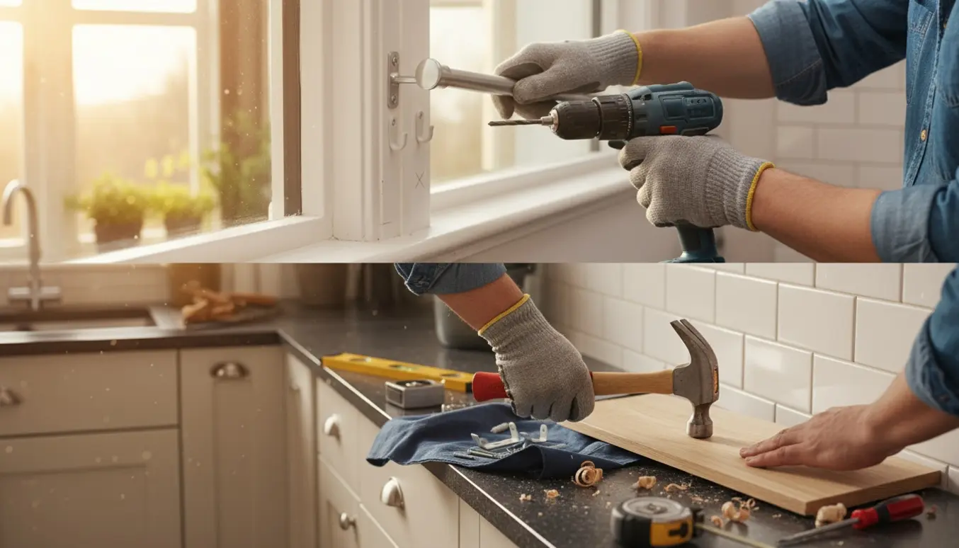 Hænder monterer en gardinstang over et køkkenvindue og slår en plade fast med værktøj på bordet.