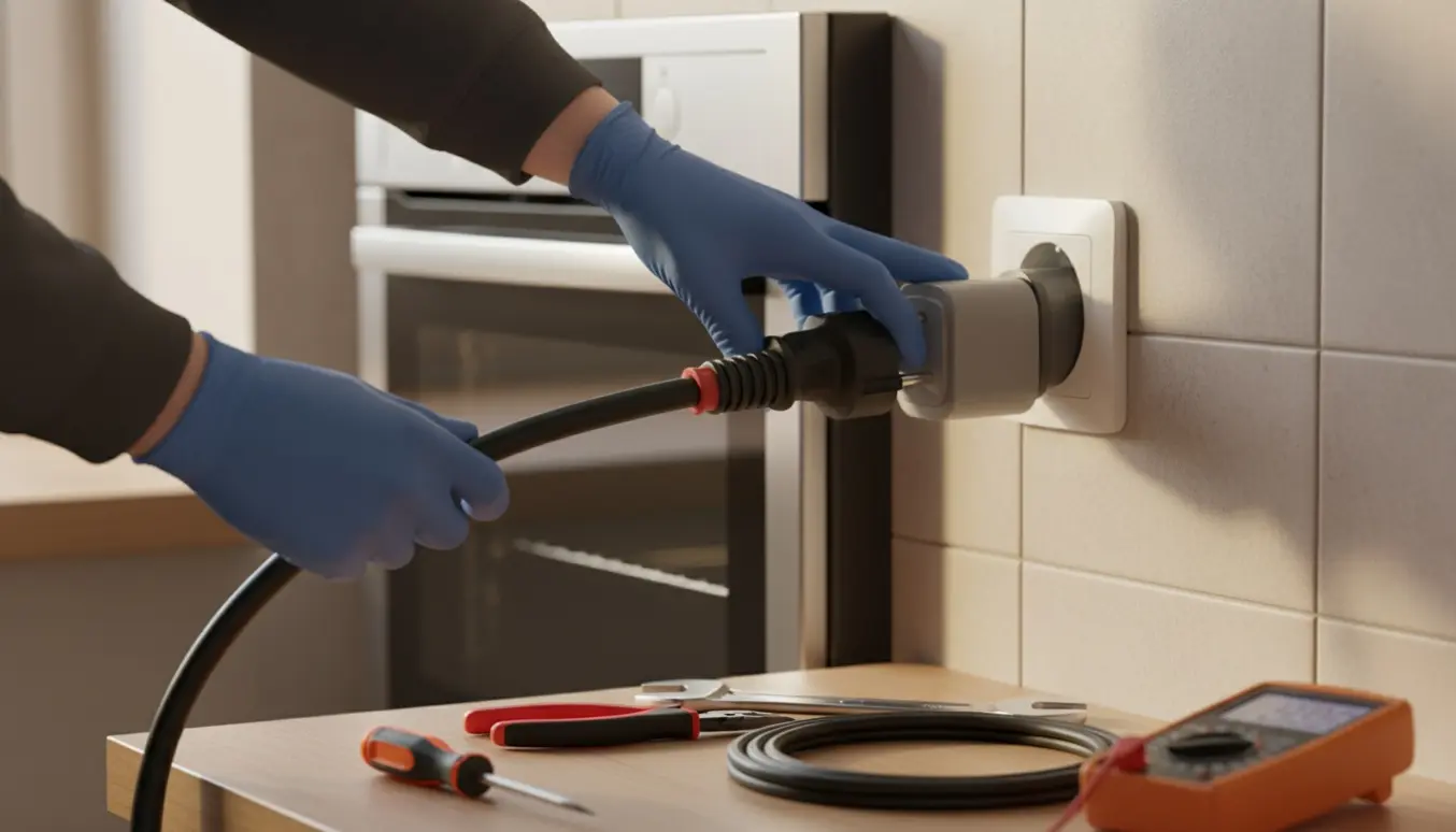 Hænder i handsker forbinder et kraftigt komfurstik til en omformer ved et indbygget komfur i et moderne køkken.