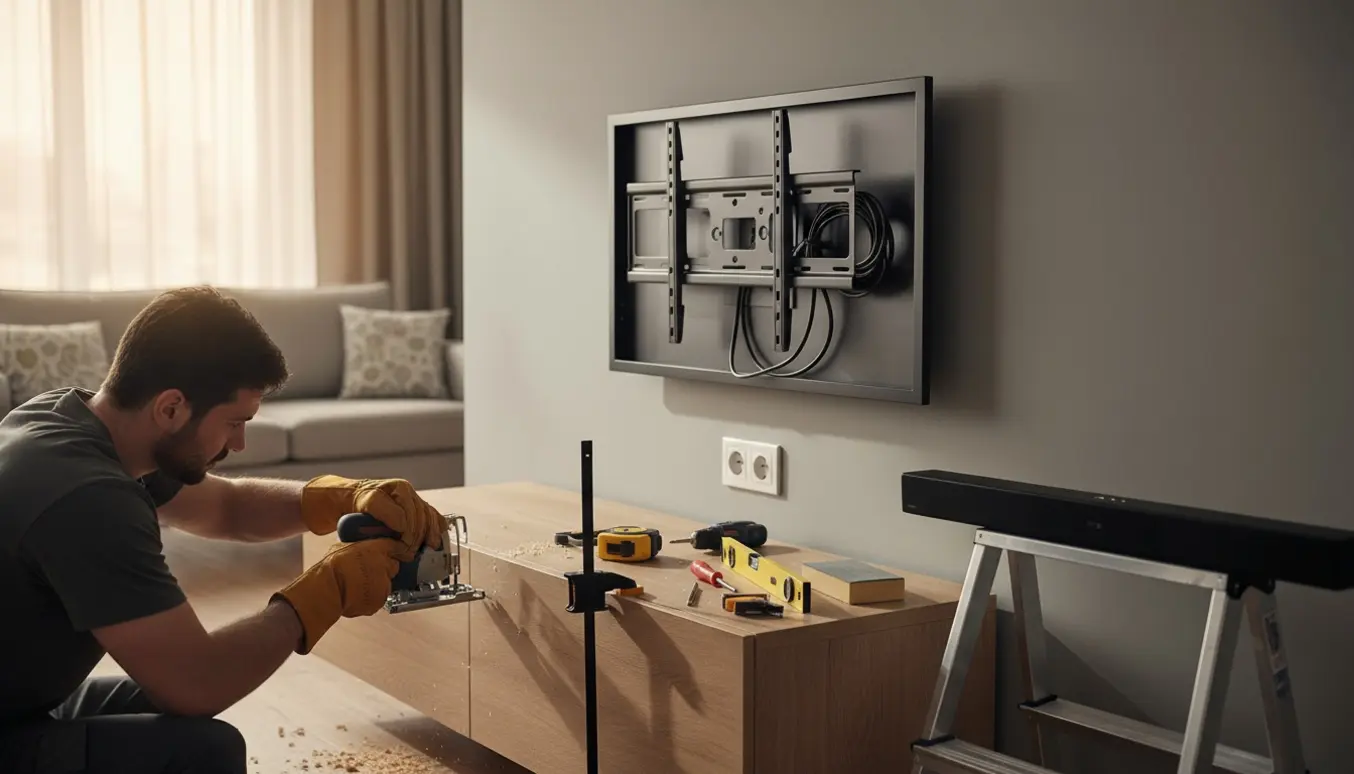 Håndværker trimmer et tv-møbel ved en vægkontakt mens et tv er delvist monteret, med en soundbar klar ved siden af.