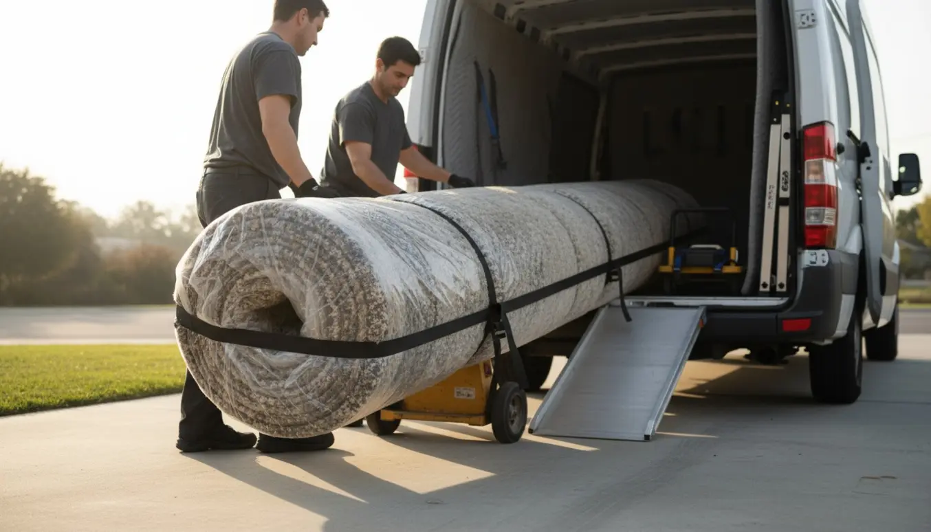 Et rullet stort gulvtæppe læsses ind i en varevogn på jævn grund med flytteudstyr og ingen trapper.