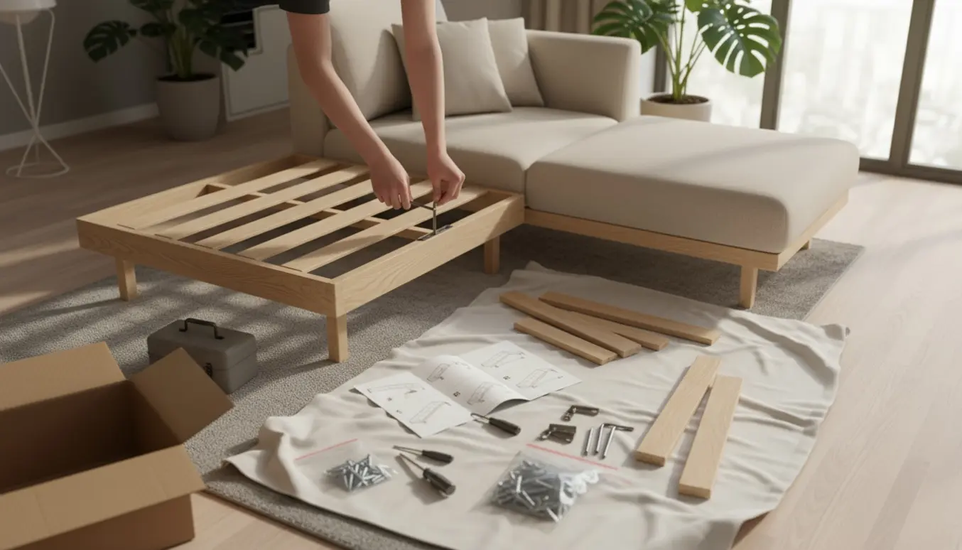 Delvist samlet sovesofa chaiselong i stuen med værktøj og brugsanvisning klar.