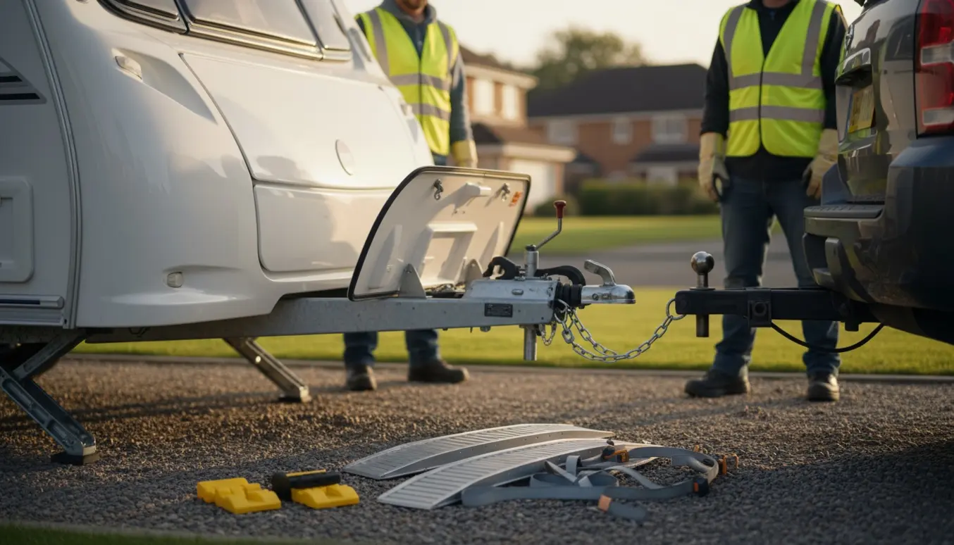 Campingvogn fastgøres til en bil på en indkørsel, klar til hjemtransport til Aalborg.