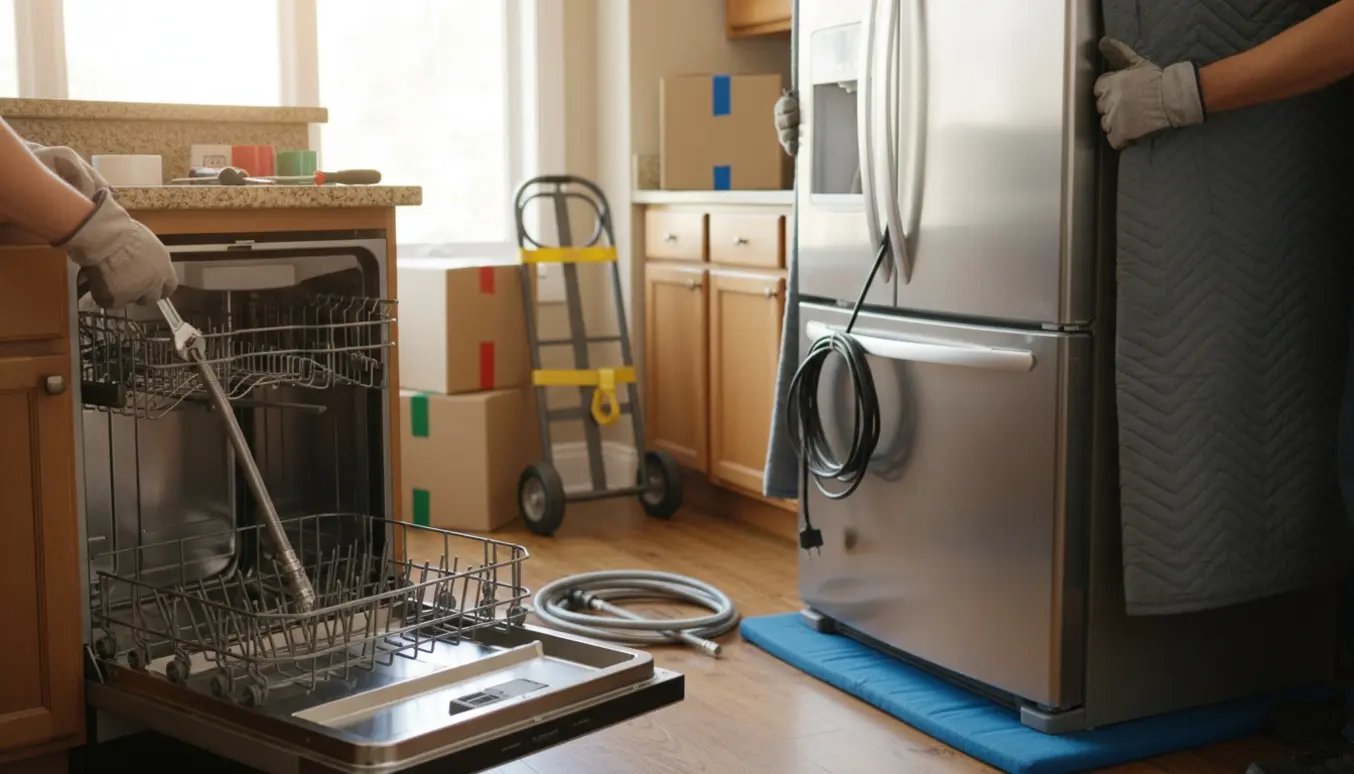 Flyttemontører afmonterer og gør klar til genmontering af køleskab og opvaskemaskine i et lyst køkken.