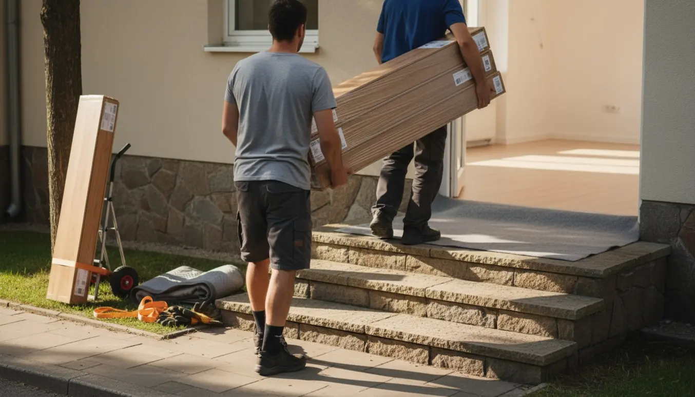 To personer bærer lange, ubrandede pakker laminatgulv op ad fire udendørs trin mod en åben stueetagedør.