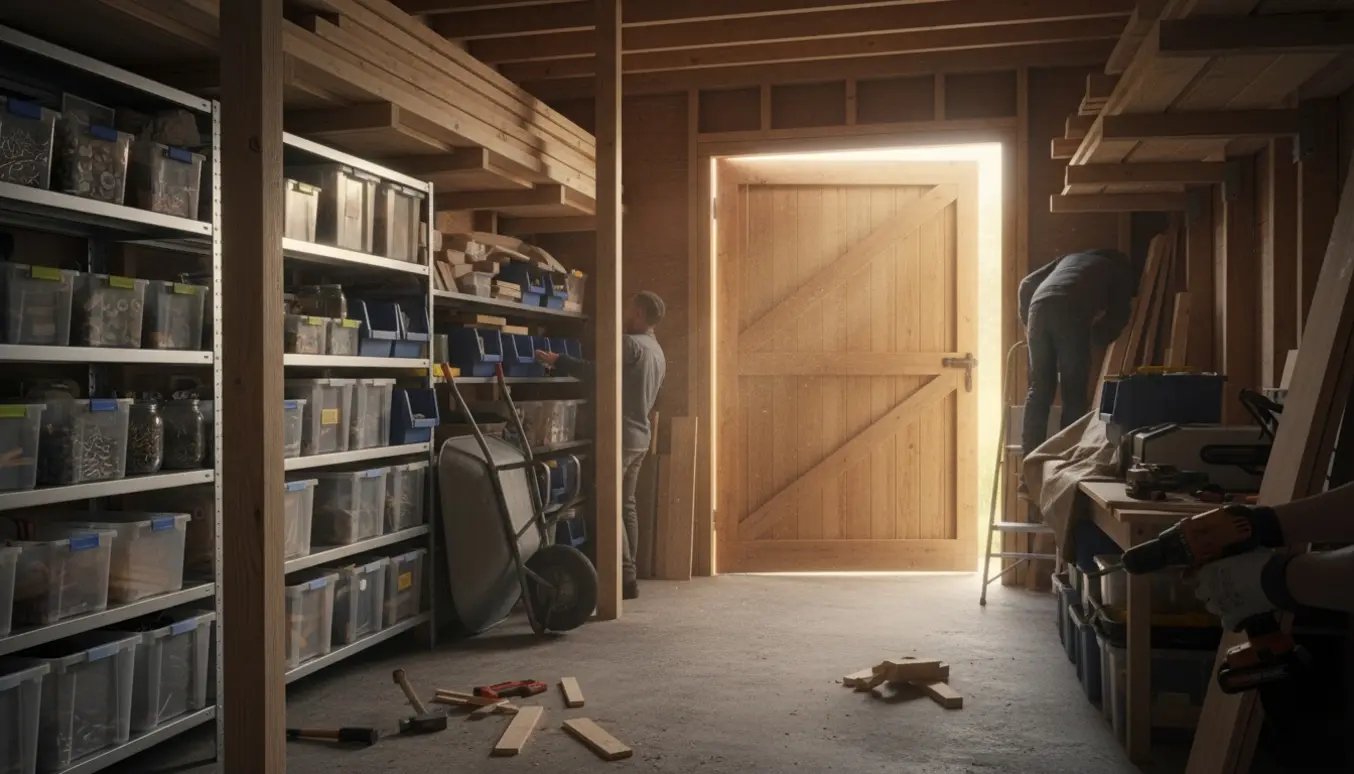 Ryddet skur med frit gulvareal, overskabsbrædder og hænder, der monterer en hylde.