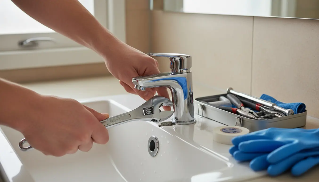 Nærbillede af hænder, der spænder en løs badeværelsesarmatur med en skruenøgle.