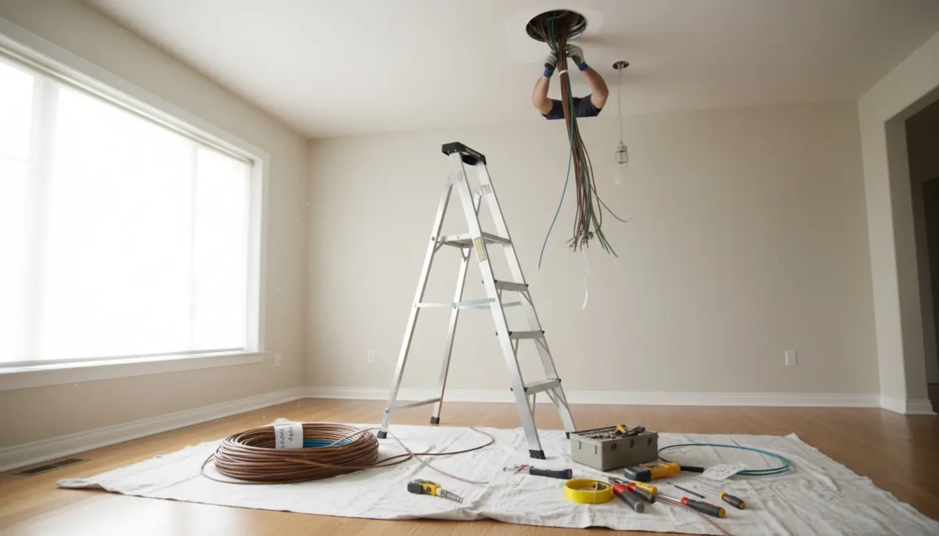 Elektriker trækker elkabler op gennem loftet i en stue med stige, kabelrulle og værktøj.