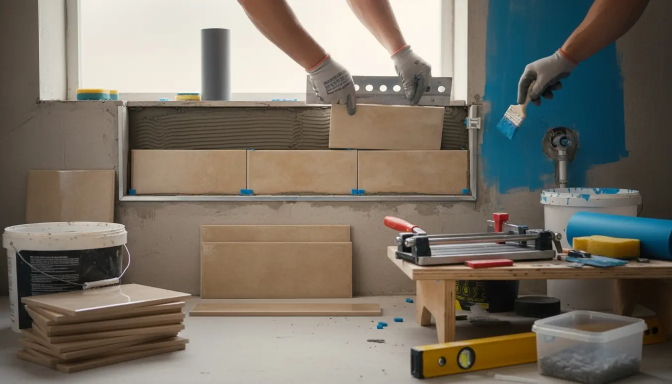 Nærbillede af fliselægger, der monterer fliser i en bruseniche og påfører vådrumsmembran op ad en rørkasse.