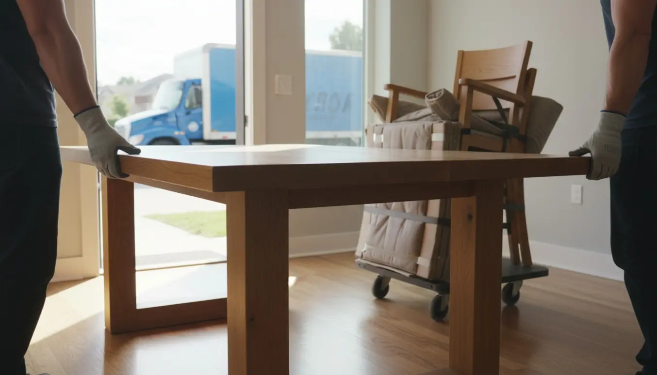 To personer bærer et massivt egetræs spisebord til seks personer gennem en lys entré, med stole pakket i flyttetæpper.