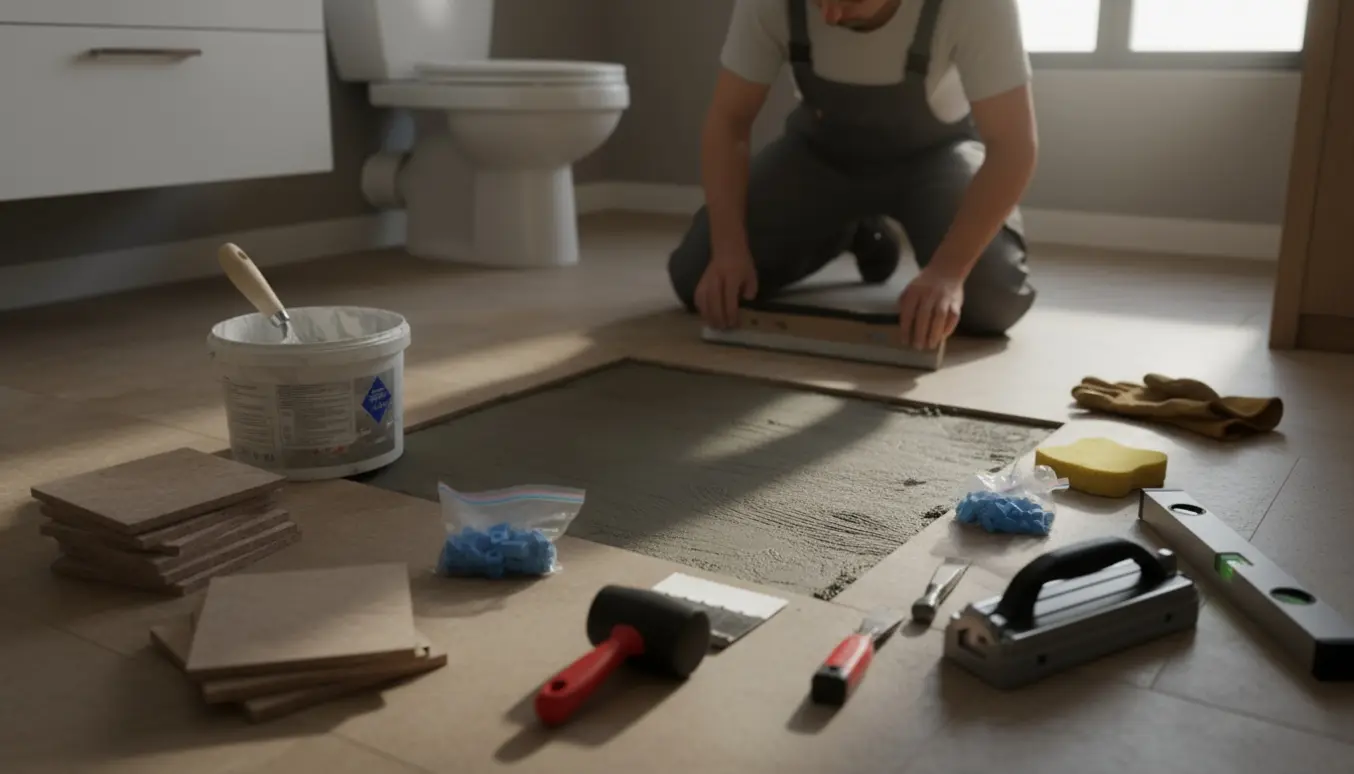 Nærbillede af udskiftning af gulvfliser i et badeværelse med værktøj og en stak nye fliser ved siden af.