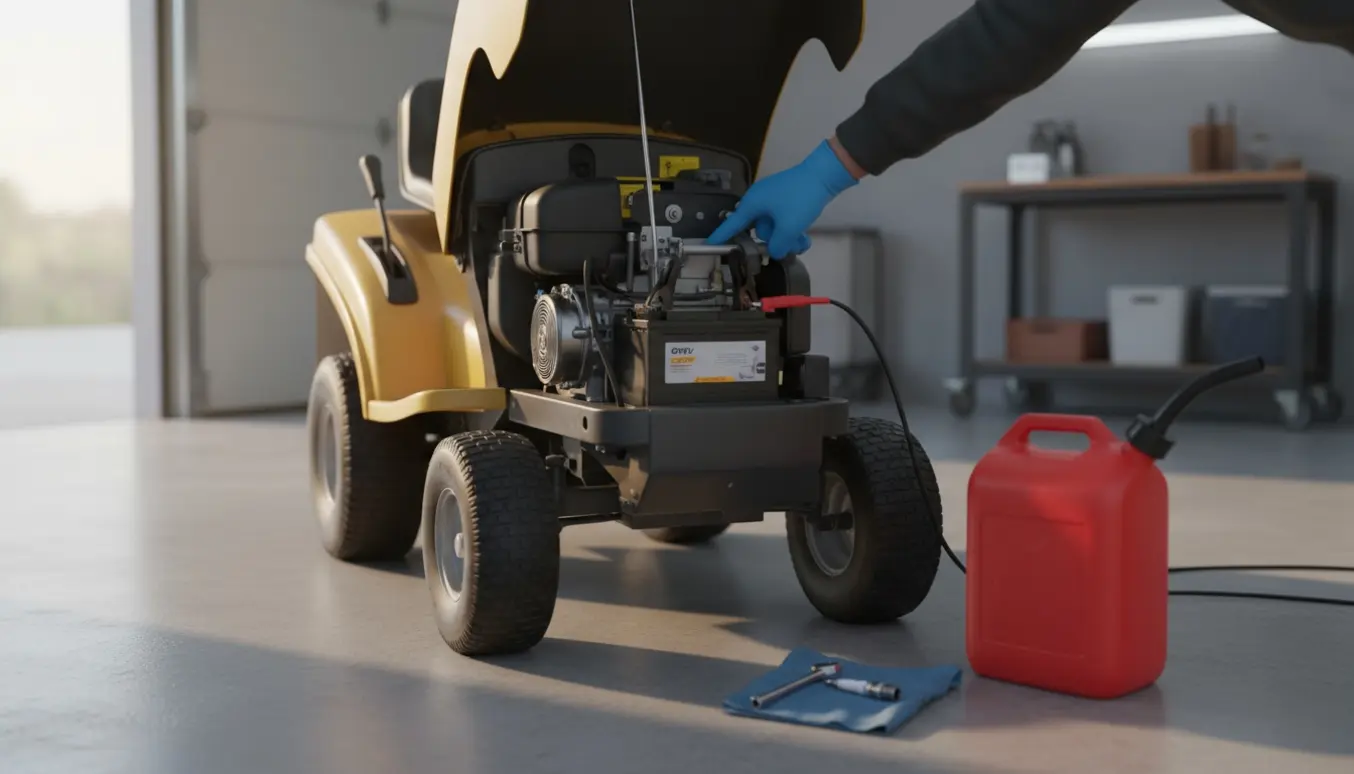 Havetraktor med åben motorhjelm, tilsluttet batterioplader og værktøj ved siden af.