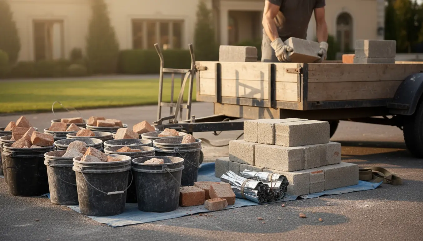 Indkørsel med afmonteret skorsten: bunker af mursten, omkring 20 spande, blokke og zink ved en trailer, en arbejder løfter en blok med handsker (ansigt ikke synligt).