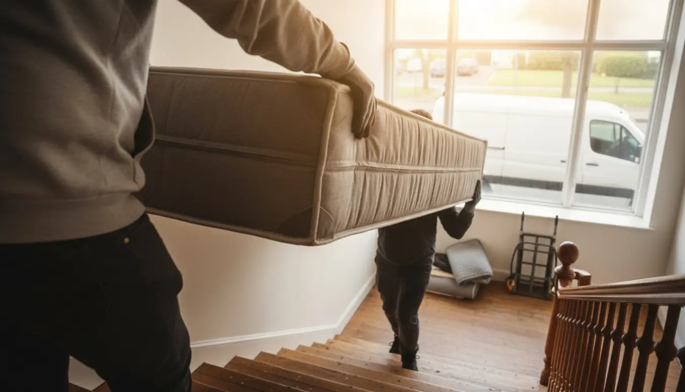 To personer bærer en boksmadras på 140 cm ned ad en opgangstrappe mod en åben varevogn, ansigter ikke synlige.