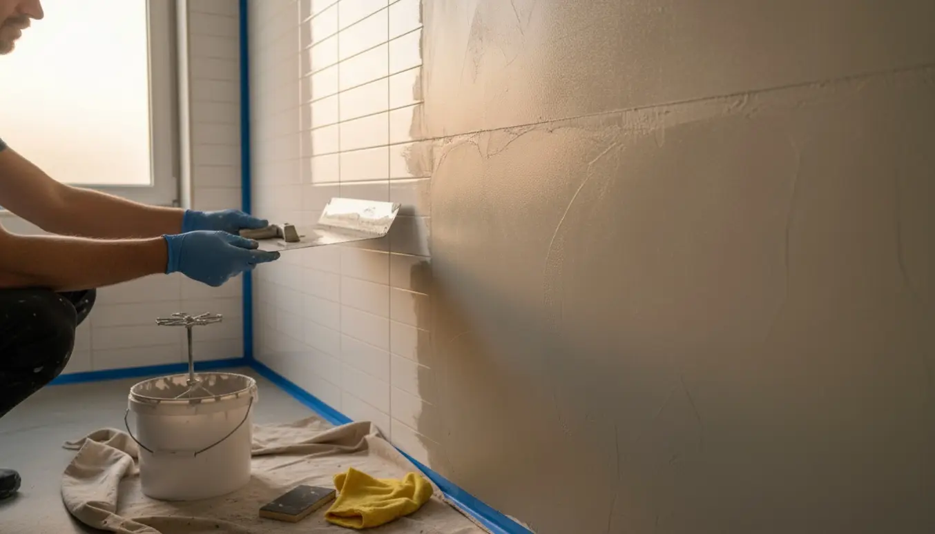 Nærbillede af hænder, der påfører microcement med spartel på en badeværelsesvæg over fliser.