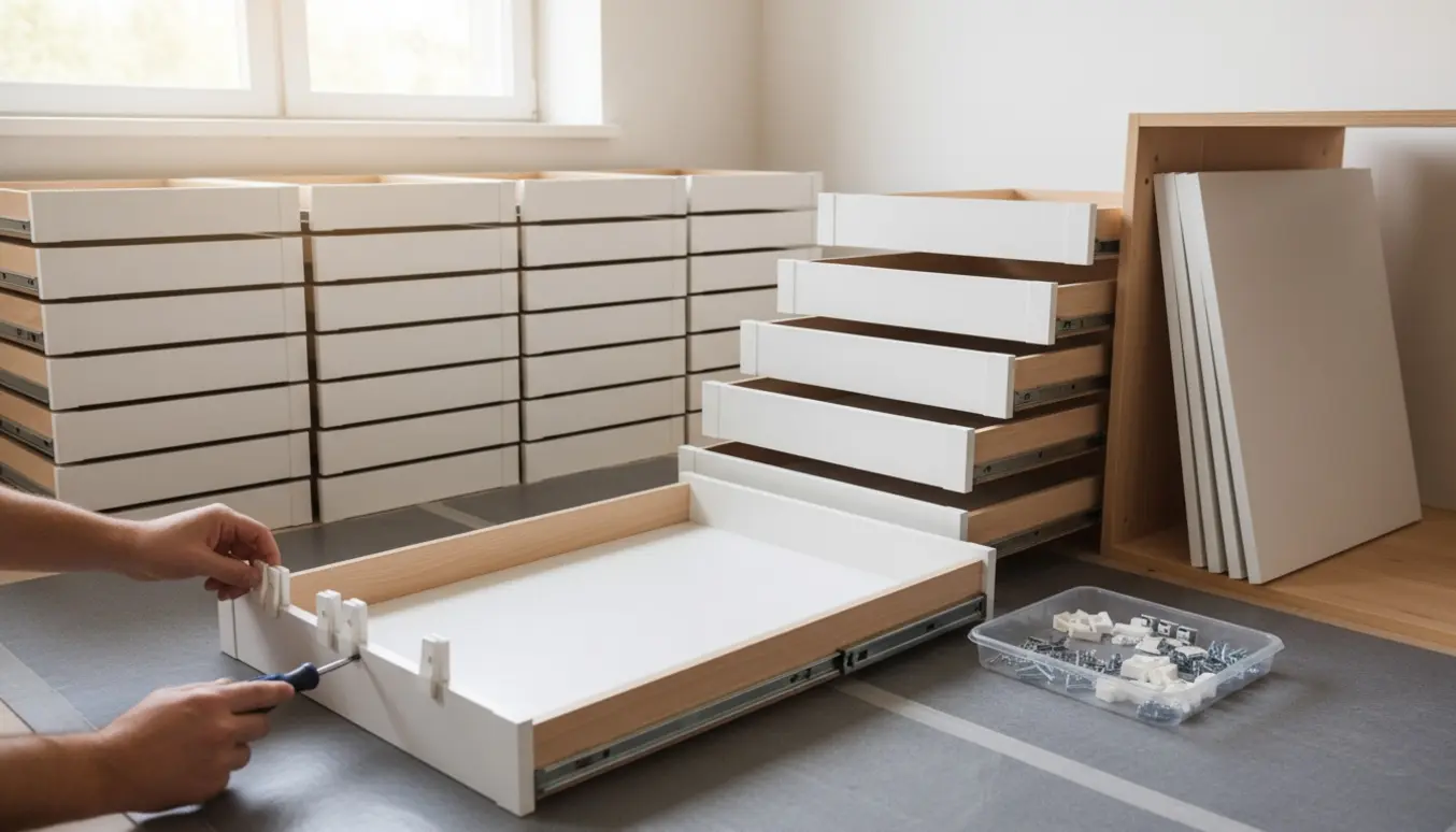 Hænder samler og stabler ca. 40 Maximera-skuffer ved et arbejdsbord med skruetrækker og skuffefronter.