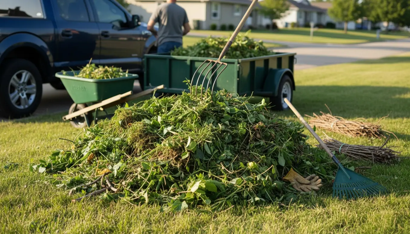 Kompostbunke ved vejrabatten med løst haveaffald, trailer og redskaber klar til afhentning.