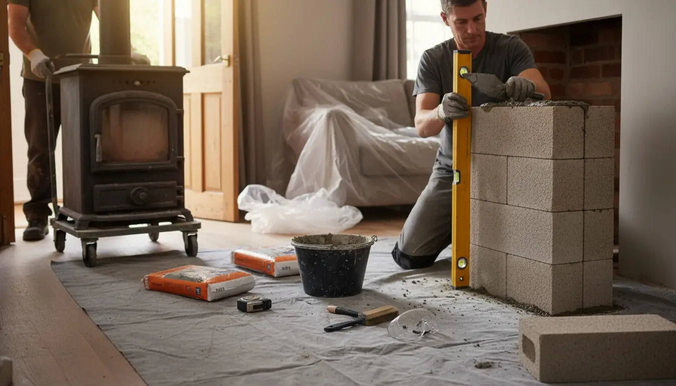 To personer fører en brændeovn ud, mens en hånd murer 5 H+H blokke ind i et skorstenshul.