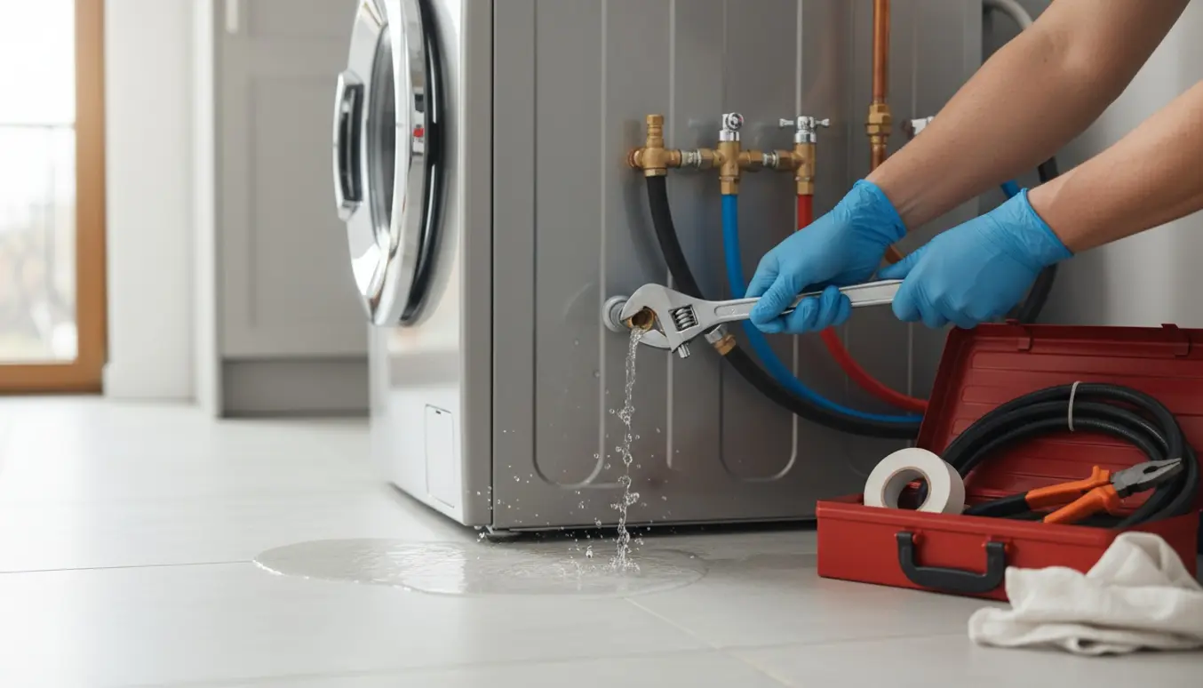 Nærbillede af glidende vand ved tilslutningen på en ny vaskemaskine mens en VVS'er strammer slangen.