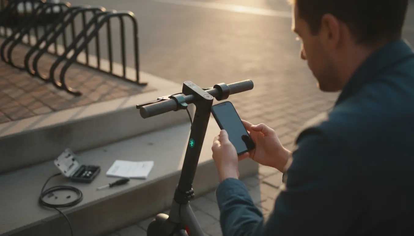 En smartphone holdes tæt på styret på et el-løbehjul med blinkende LED under fejlsøgning af Bluetooth-forbindelse.