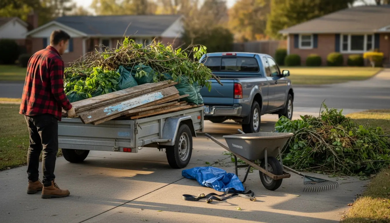 En indkørsel med en trailer fyldt med haveaffald og gamle brædder, en person læsser op set bagfra.