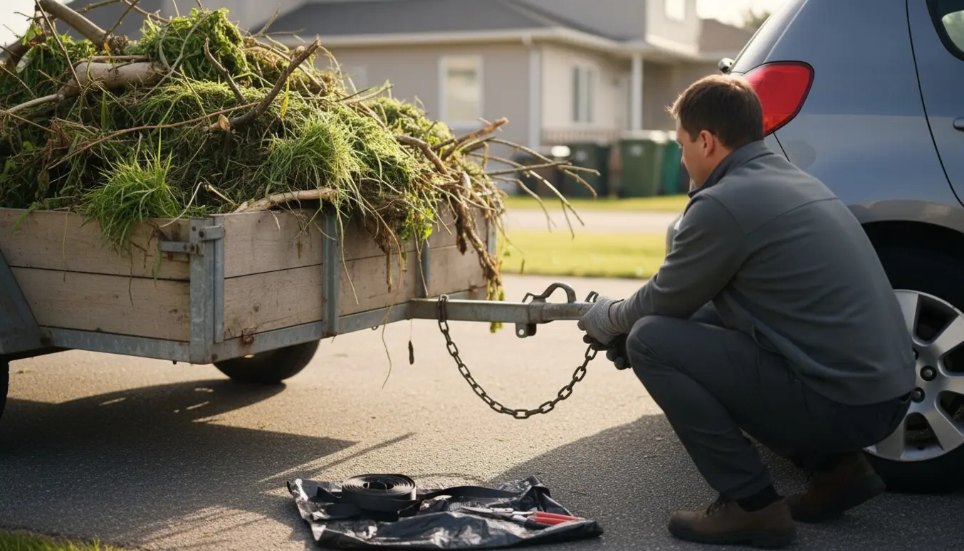 Trailer fyldt med haveaffald klar til at blive koblet til en bil, mens hænder i handsker fastgør krogen.