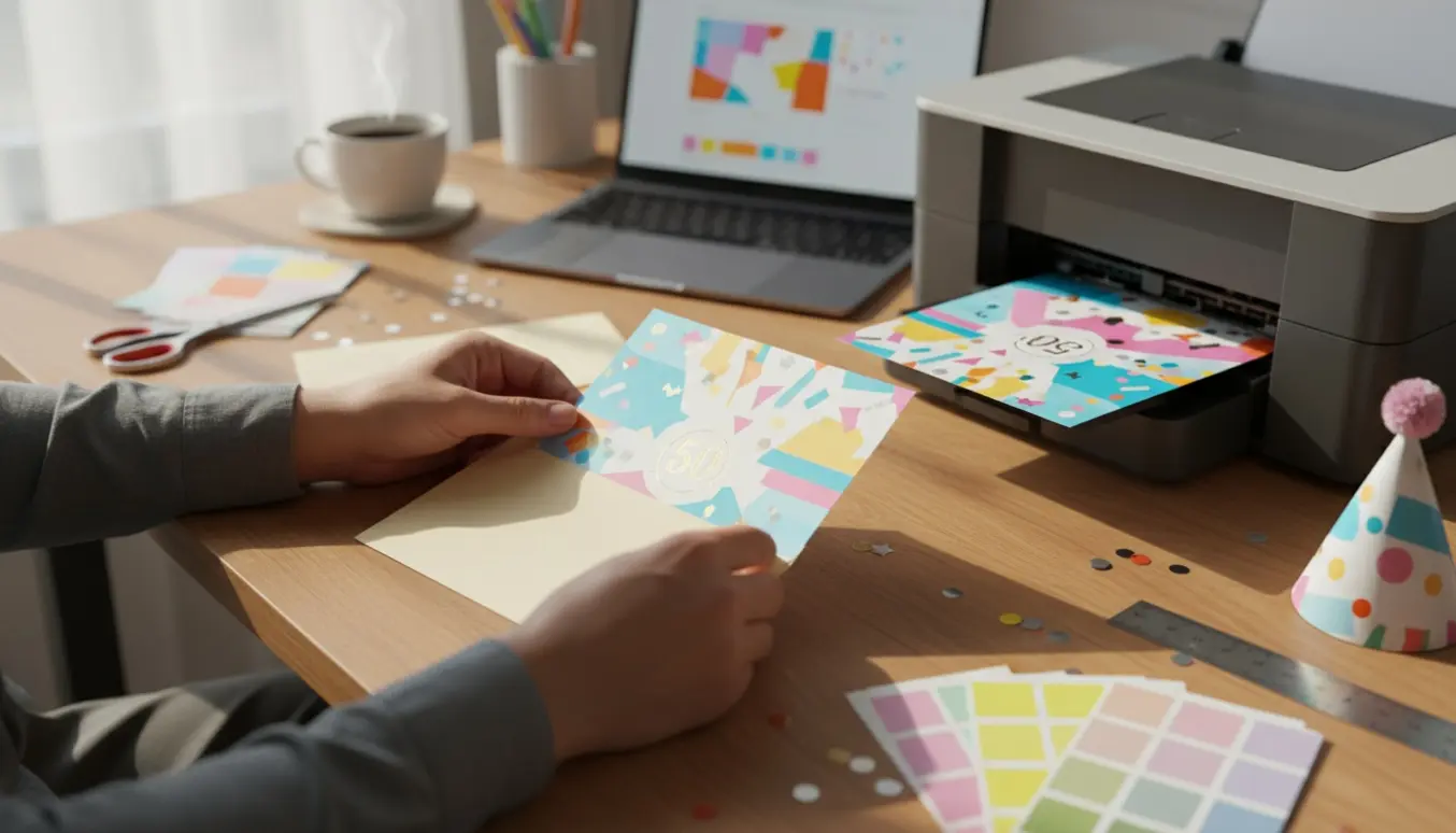 Hænder lægger en farverig fødselsdagsindbydelse i en kuvert ved et solbelyst skrivebord med designmaterialer.