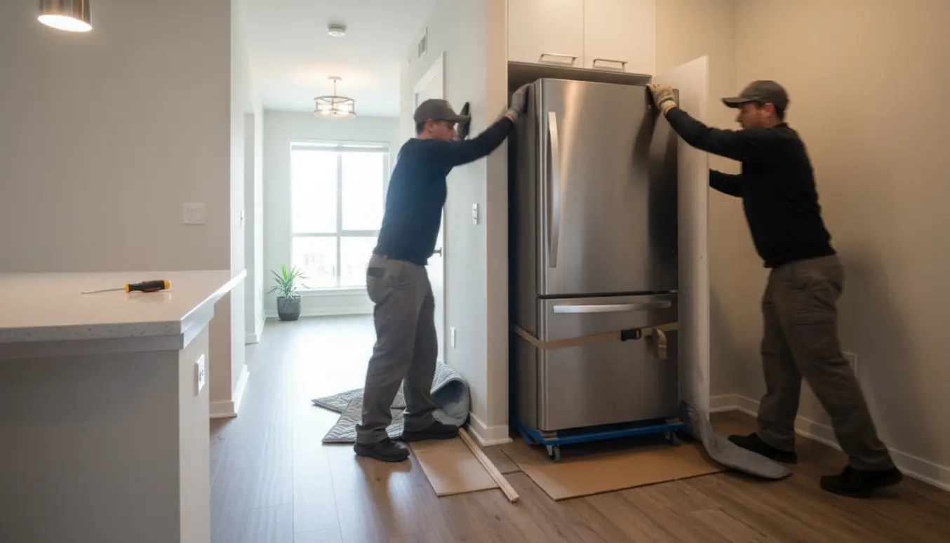 To personer flytter et køleskab fra et indbygget skab ud i opgangen med flyttevogn og tæpper.