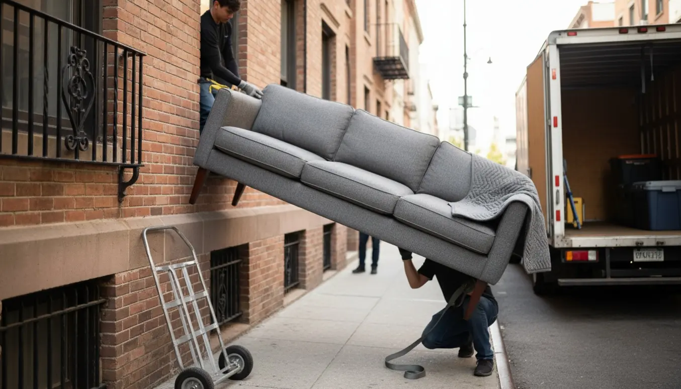 Flytning af en chaiselong sofa gennem en åben altandør fra anden sal med flytteudstyr og håndværkeres våde hænder i fokus.