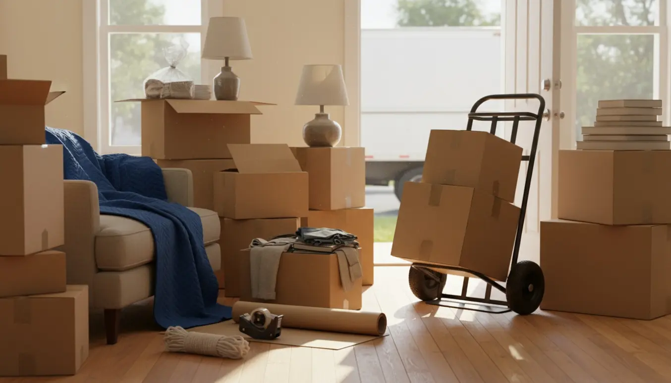 Solbelyst entré med cirka femten flyttekasser, pakkematerialer og en håndtruck klar til flytning.