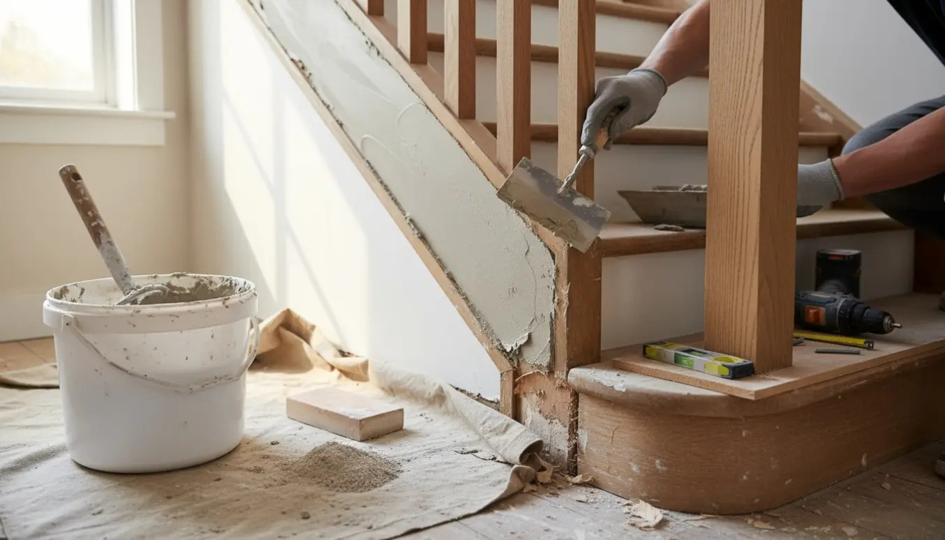 Hænder pudser trappens side indendørs med værktøj og en ny stolpe klar til montering.