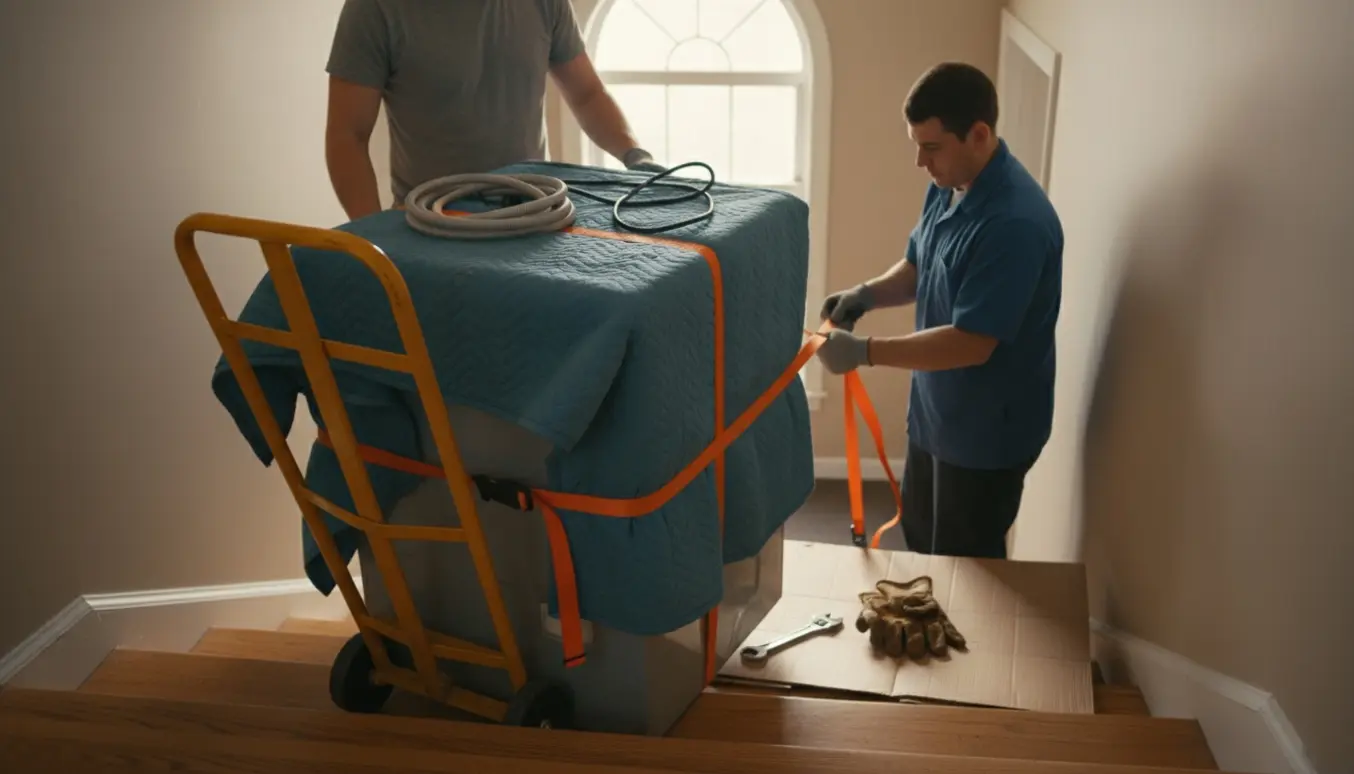 Vaskemaskine sikret på en flyttetrille på en opgangslanding klar til afhentning.