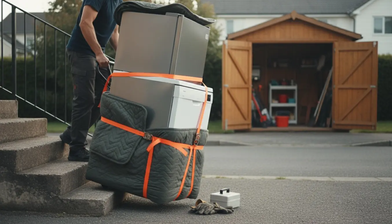 En person flytter et indpakket køleskab og en opvaskemaskine på en dolly ned ad en kort udendørs trappe mod et åbent skur.