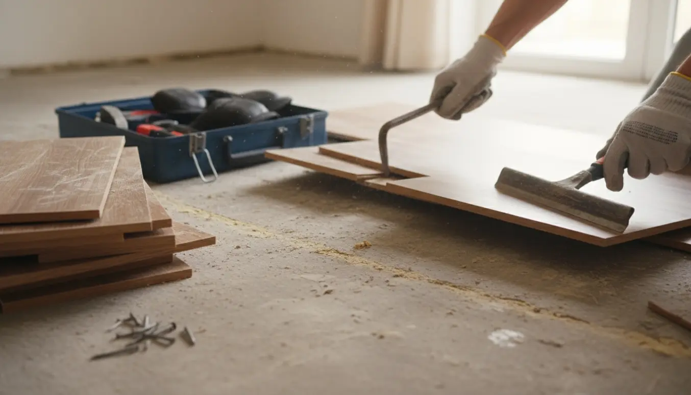 Et rum under renovering med en hånd, der løfter gulvplanker, stak fjernede planker og værktøj ved siden af.
