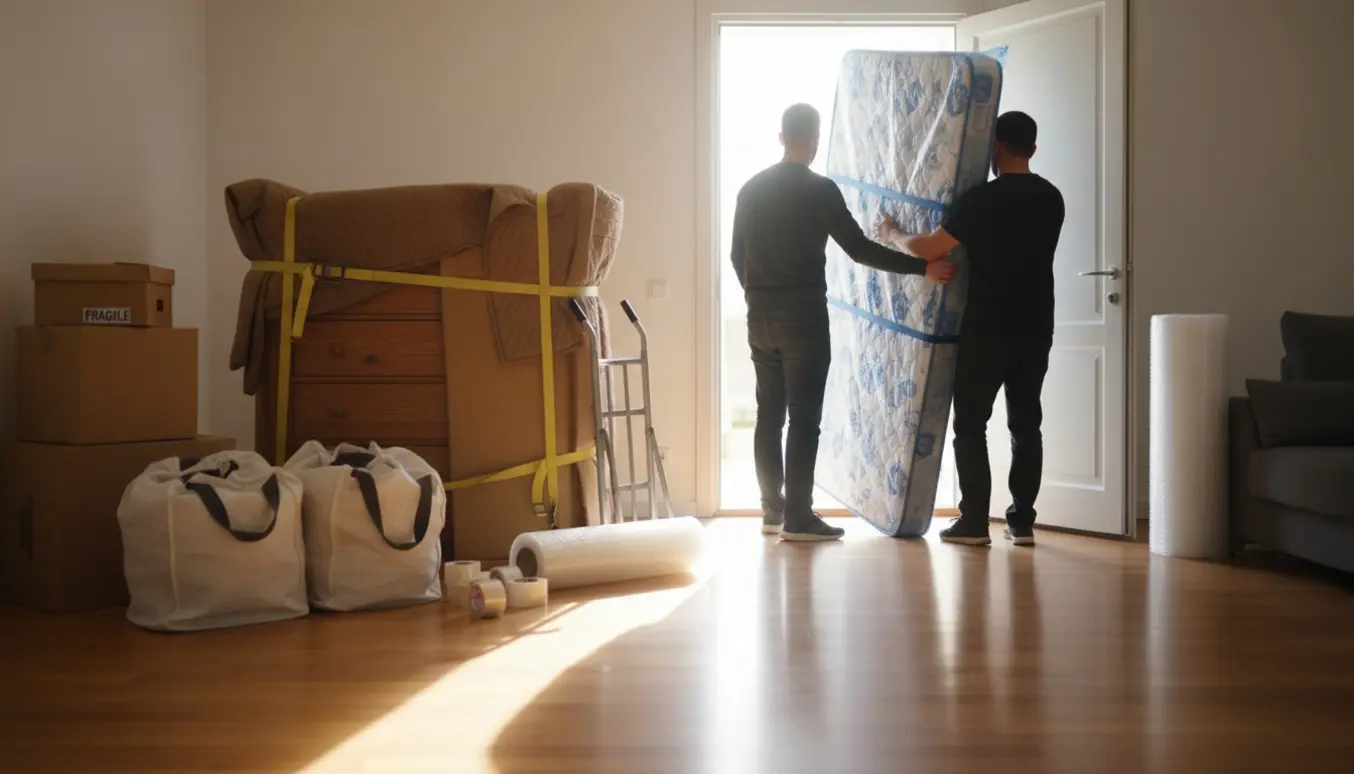 Flyttesituation med 140 cm springmadras, indpakkede kommoder, flyttekasser og sække ved en åben flyttevogn i naturligt dagslys.