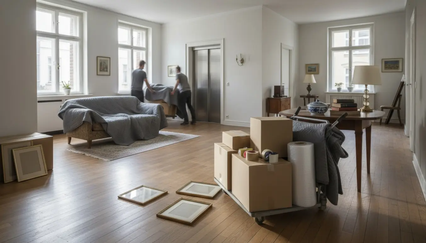 Flyttefolk tømmer en 2. sals lejlighed ved at læsse møbler og kasser i elevatoren.