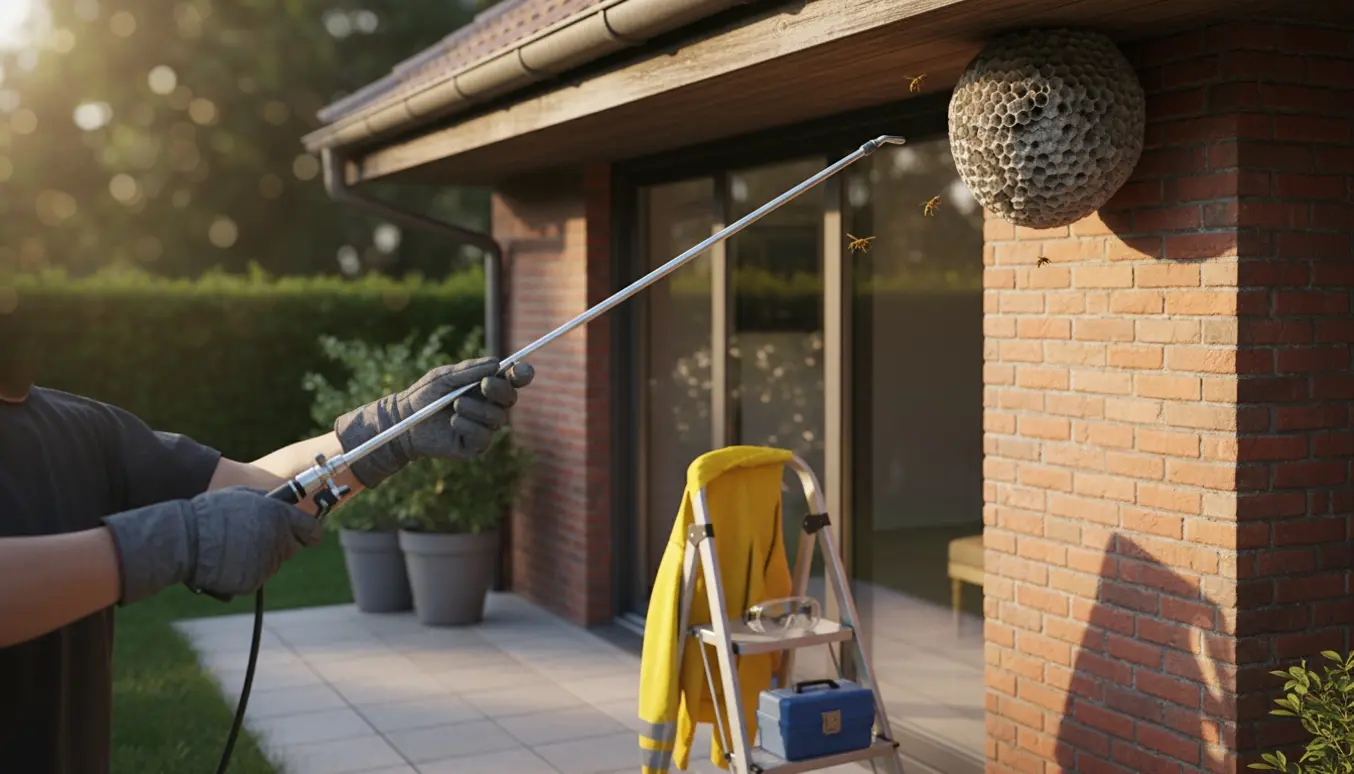 Hænder i handsker med en lang spraystav rettet mod et hvepsebo mellem mur og udhæng ved terrassedøren.