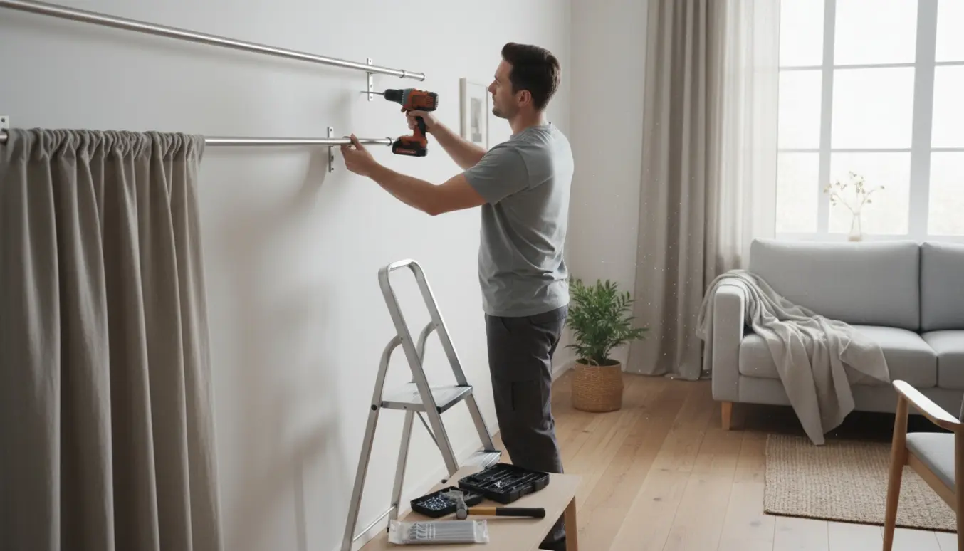Montør monterer to gardinstænger højt på en lys, skandinavisk væg med stige og værktøj.