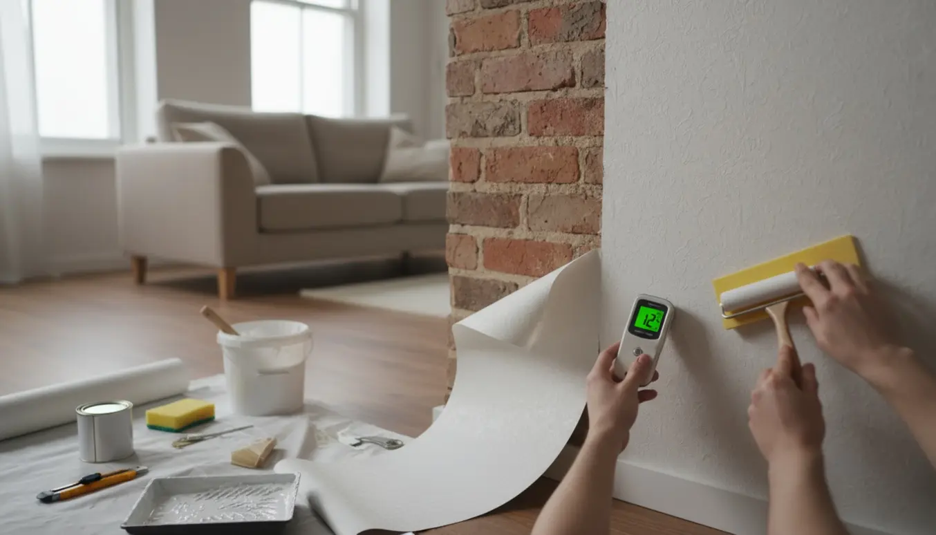 Nærbillede af løs tapet ved en murstens ydermur i stuen, hvor hænder reparerer det med tapetklister og værktøj.